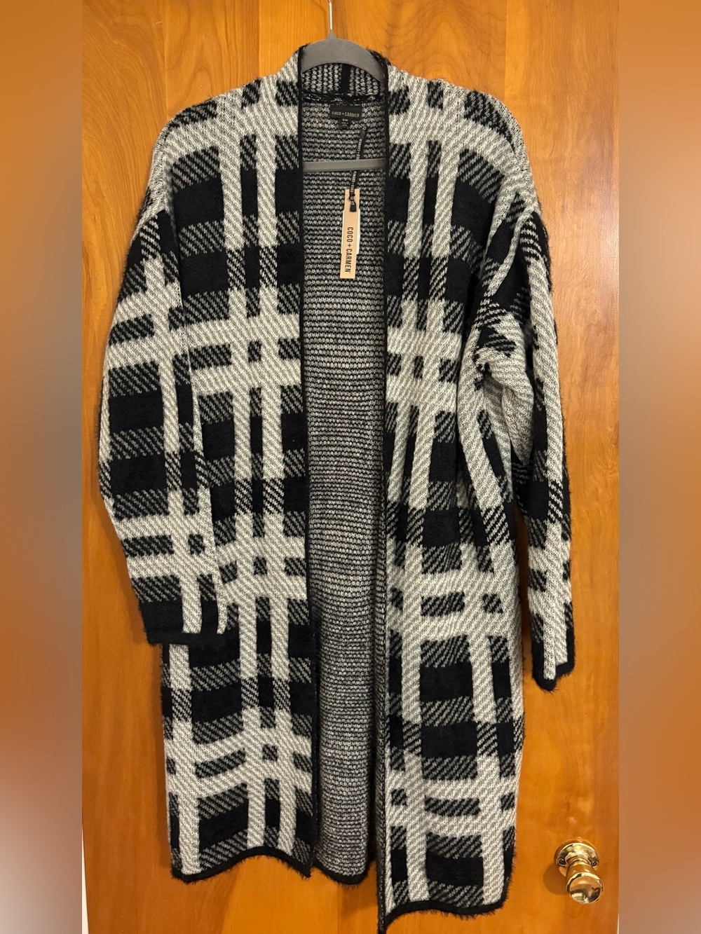 Coco + Carmen Plaid Duster Cardigan Black White Longline Open Front (S/M) - NWT